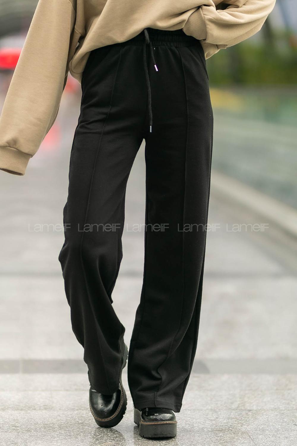 Modalamelif Geniş Kemerli Çımalı Bol Paça Eşofman Altı Siyah