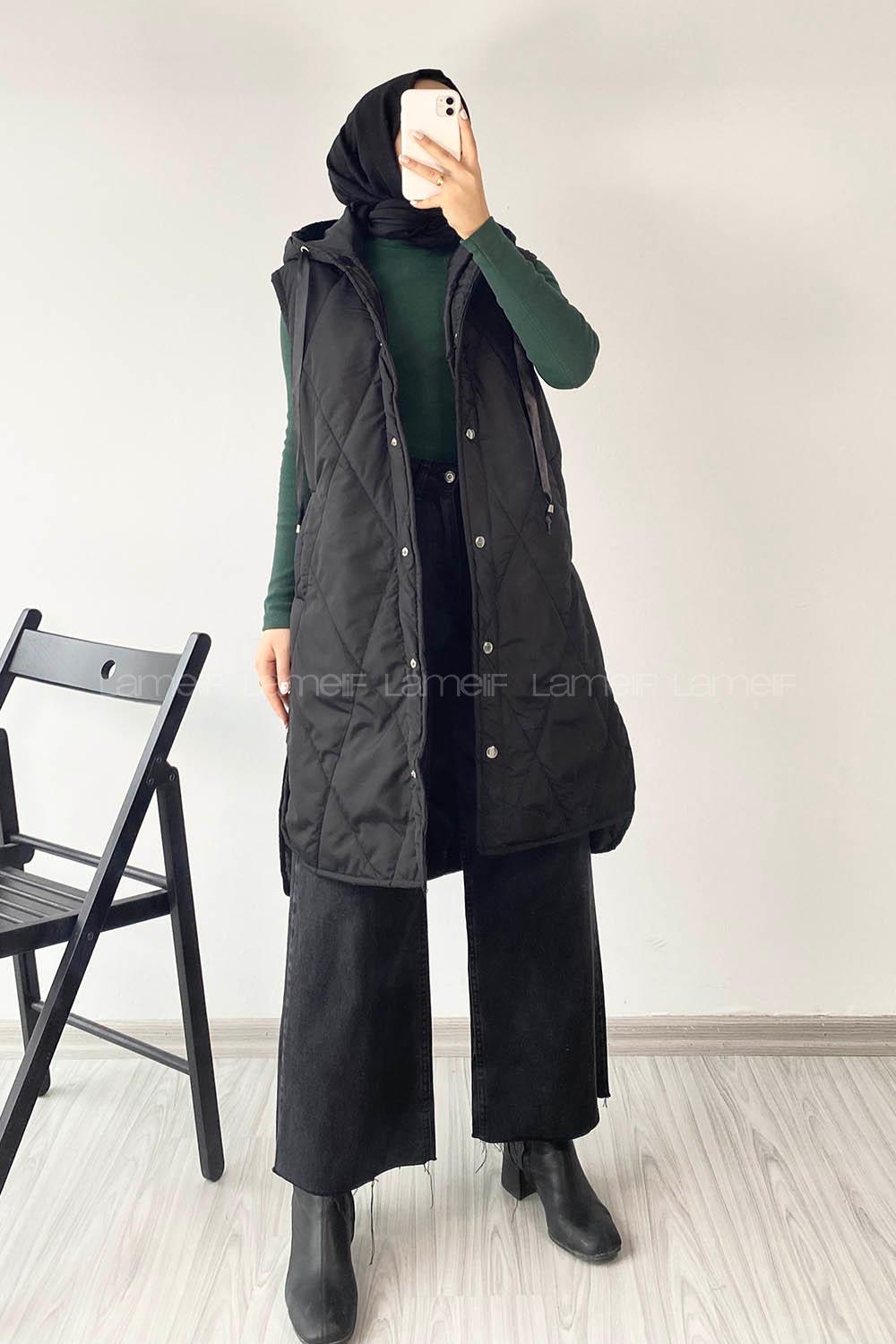 Modalamelif Kapüşonlu Çift Cepli Çıtçıt Düğme Şişme Mont Yelek Siyah