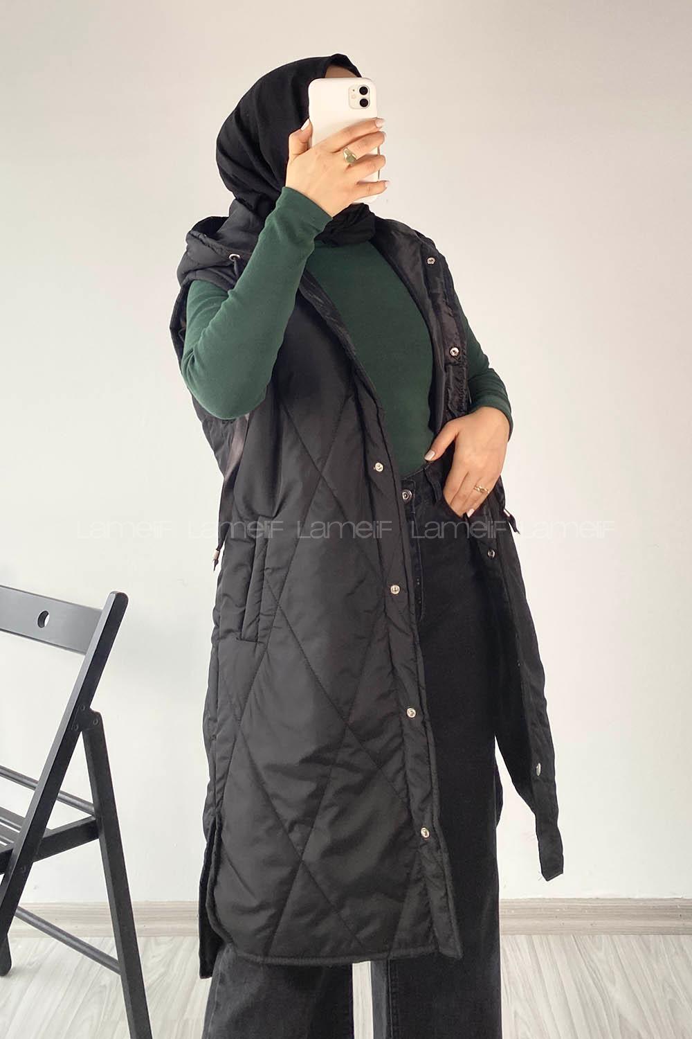 Modalamelif Kapüşonlu Çift Cepli Çıtçıt Düğme Şişme Mont Yelek Siyah