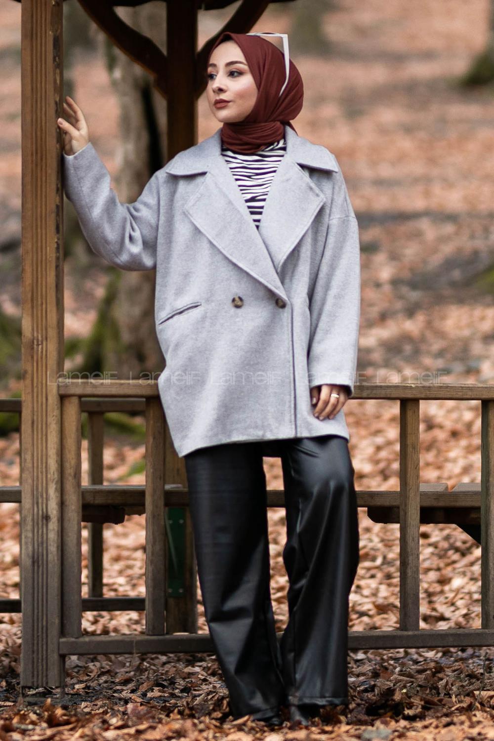 Modalamelif Oversize Kaşe Kaban Gri