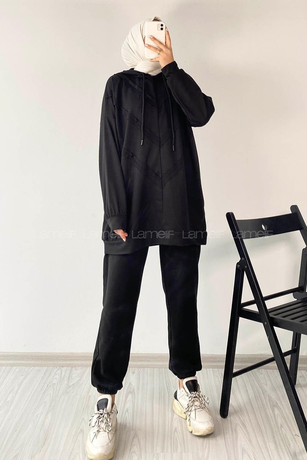 Modalamelif Pis Dikişli Kapüşonlu İkili Takım Siyah