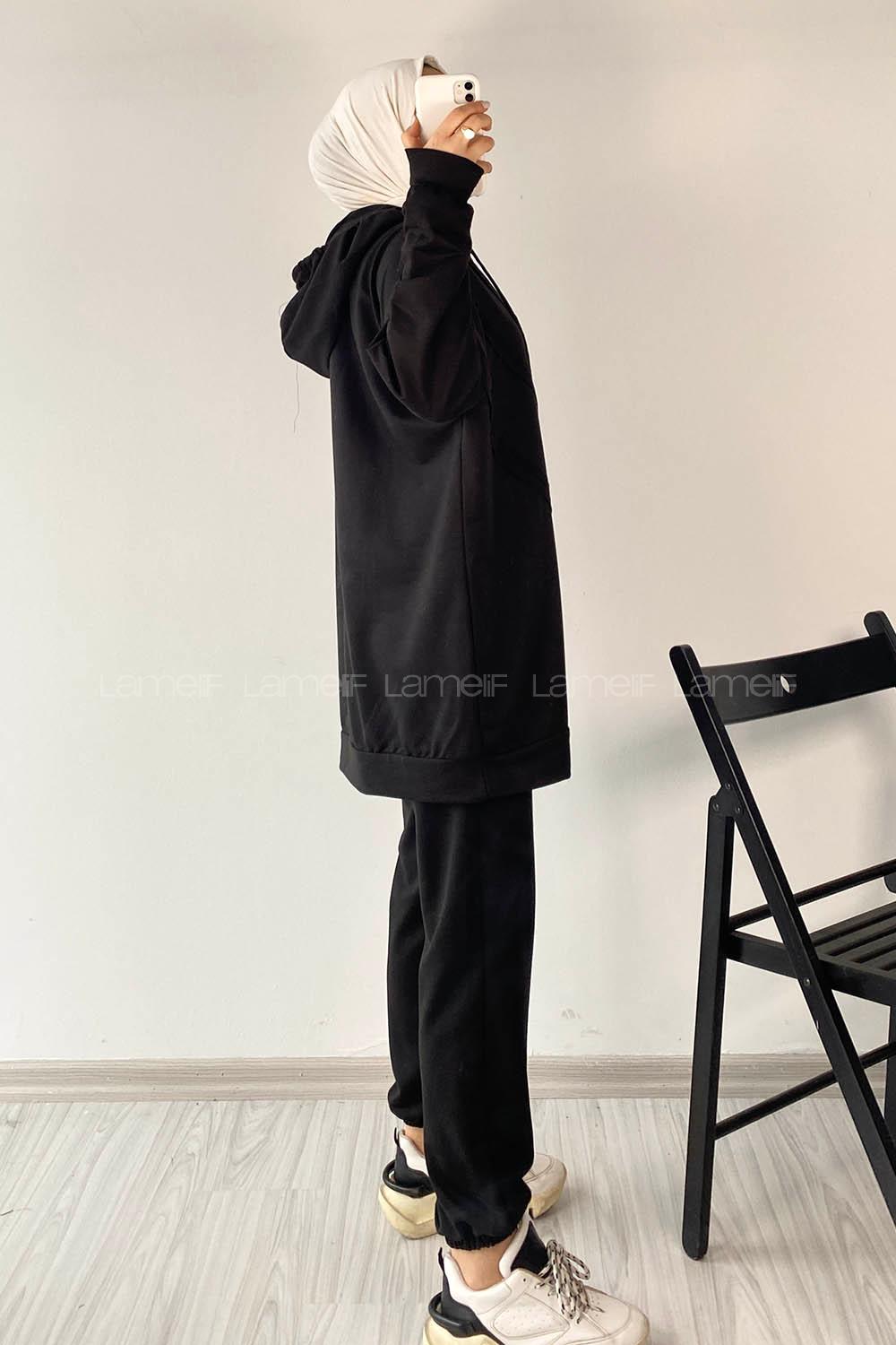 Modalamelif Pis Dikişli Kapüşonlu İkili Takım Siyah