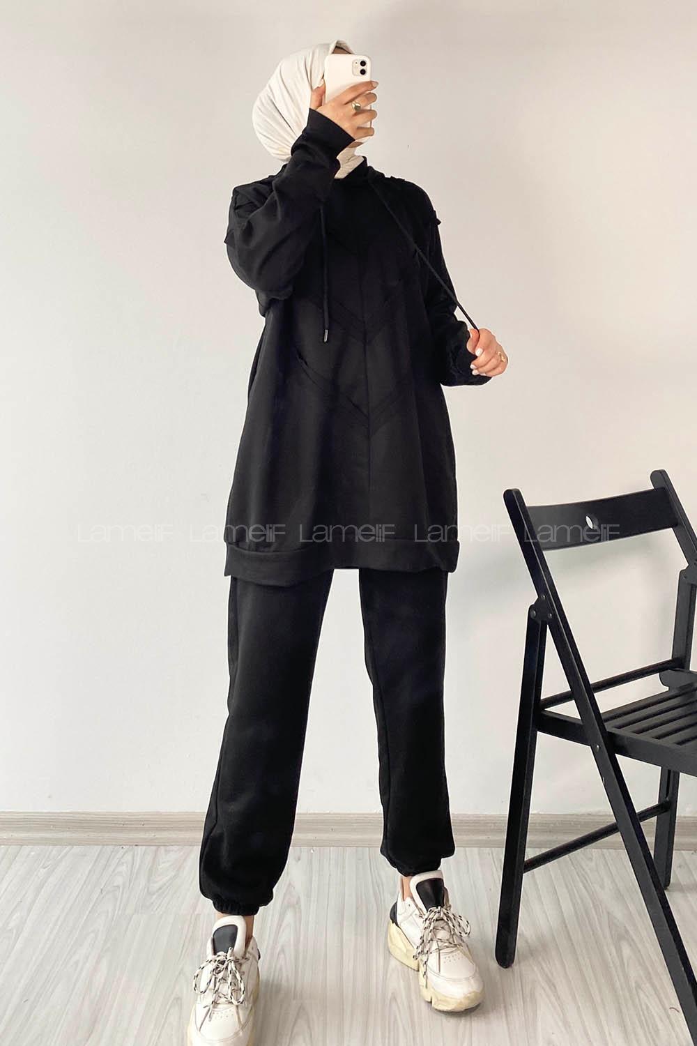 Modalamelif Pis Dikişli Kapüşonlu İkili Takım Siyah