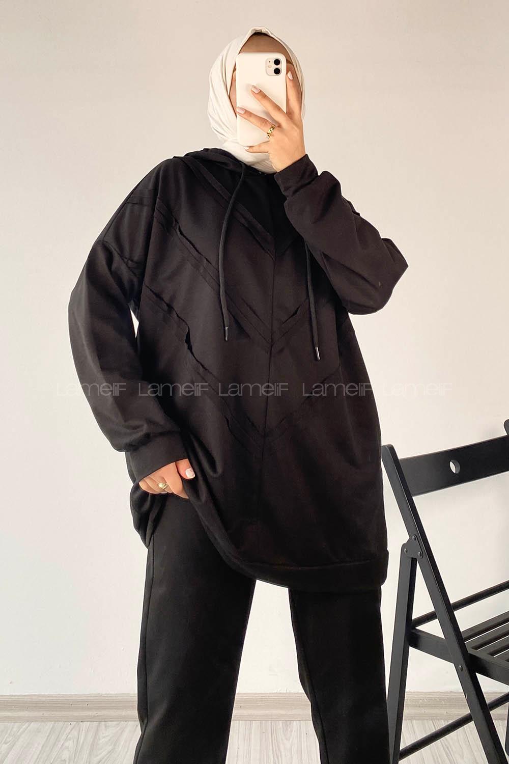 Modalamelif Pis Dikişli Kapüşonlu İkili Takım Siyah