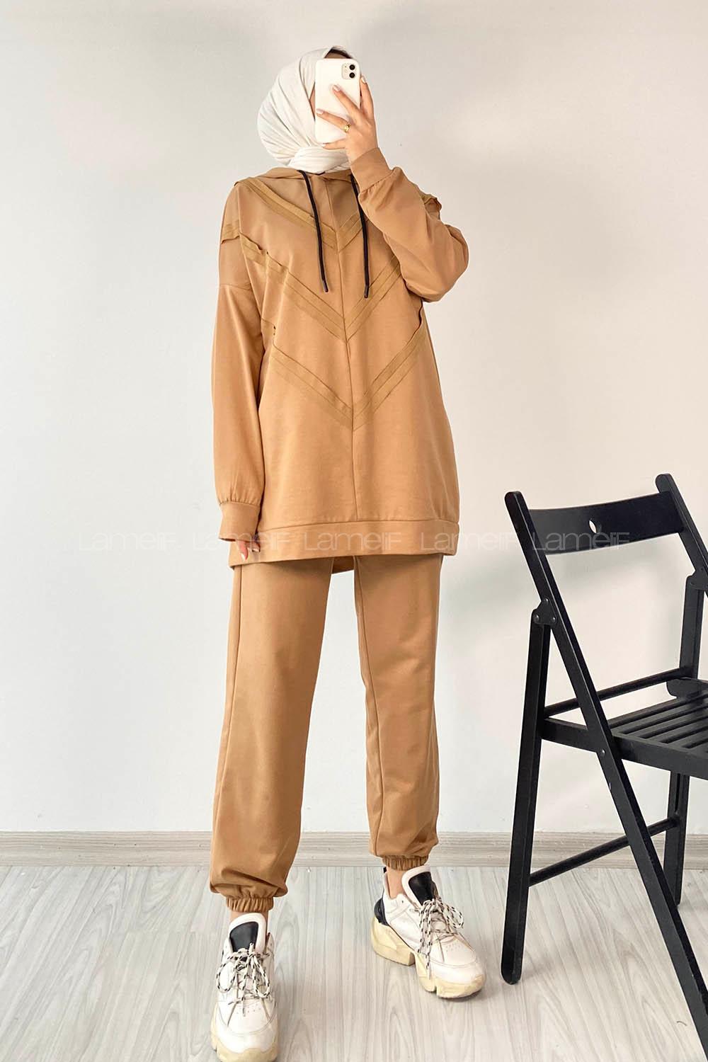 Modalamelif Pis Dikişli Kapüşonlu İkili Takım Sütlükahve