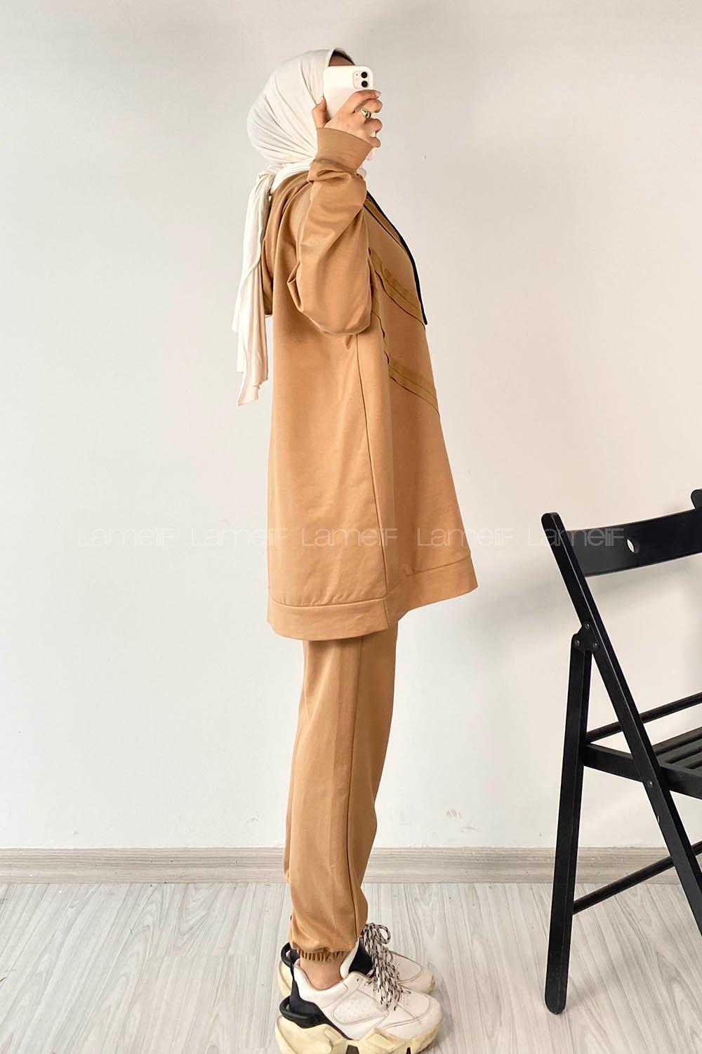 Modalamelif Pis Dikişli Kapüşonlu İkili Takım Sütlükahve