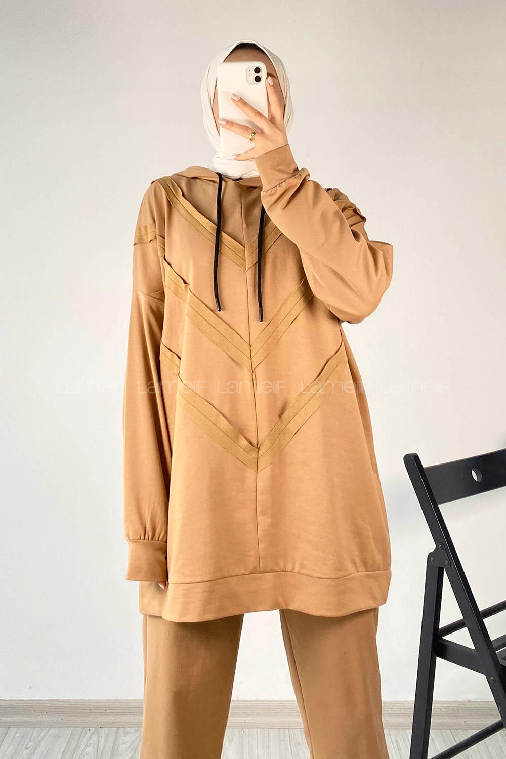 Modalamelif Pis Dikişli Kapüşonlu İkili Takım Sütlükahve