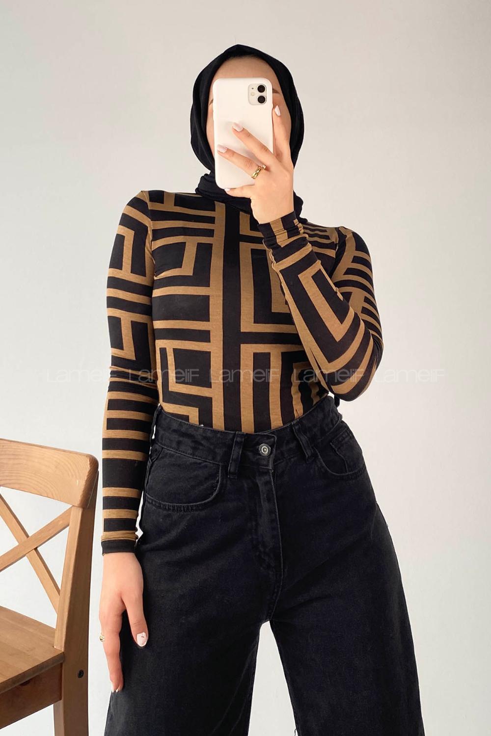 Lamelif Yarım Balıkçı Yaka Geometrik Desen Body Sütlükahve