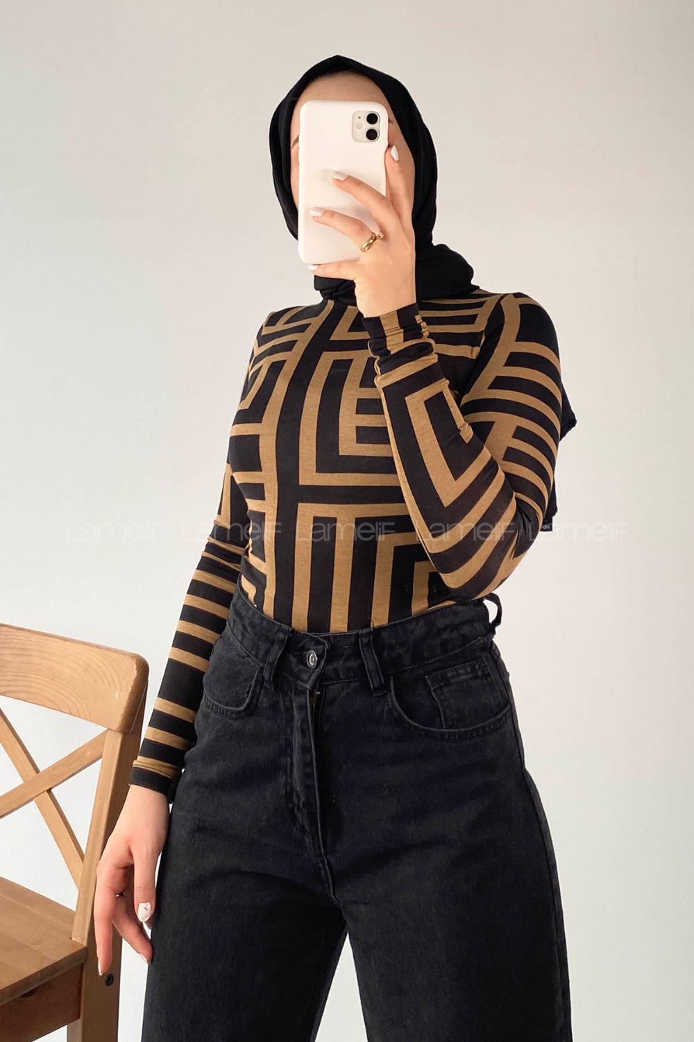 Lamelif Yarım Balıkçı Yaka Geometrik Desen Body Sütlükahve