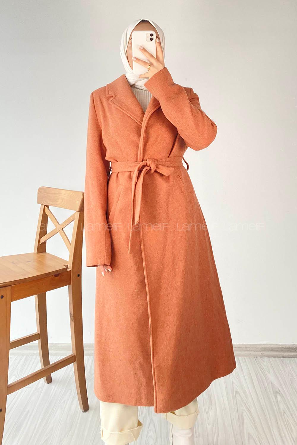 Modalamelif Belden Bağlamalı Kaşe Kaban Somon