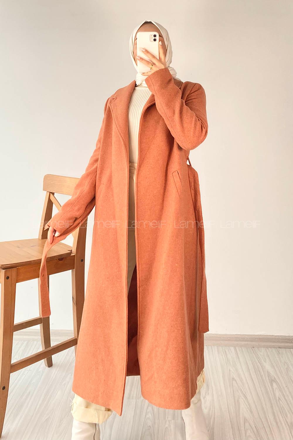 Modalamelif Belden Bağlamalı Kaşe Kaban Somon