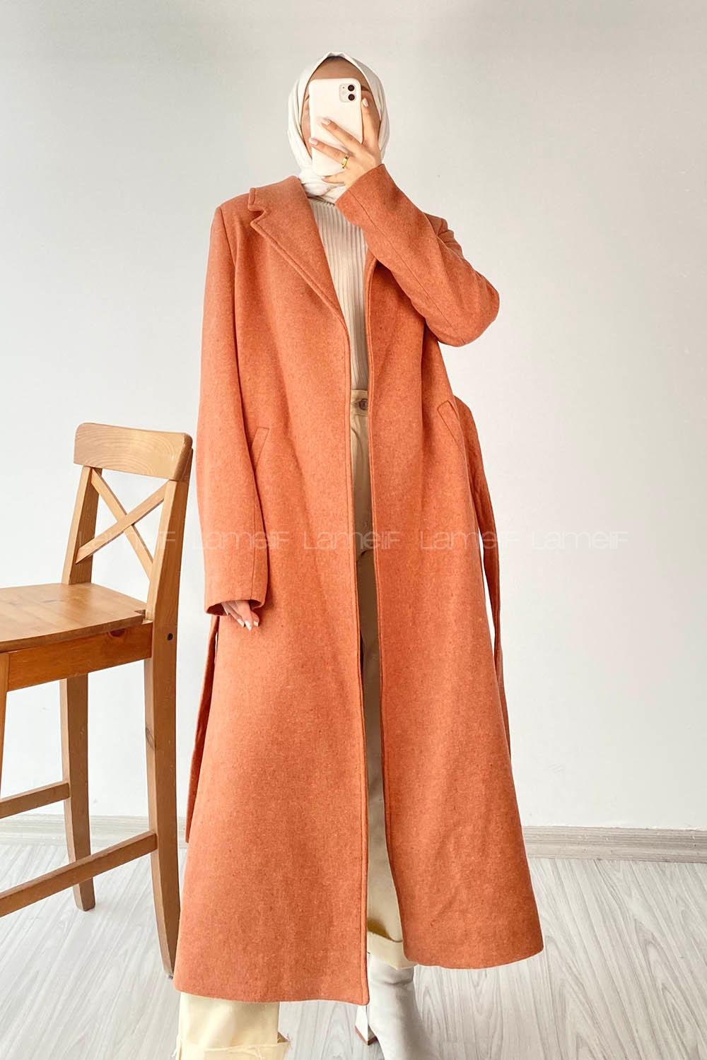 Modalamelif Belden Bağlamalı Kaşe Kaban Somon