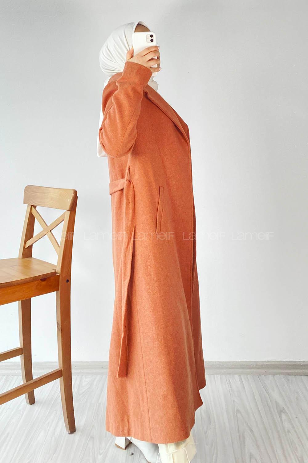 Modalamelif Belden Bağlamalı Kaşe Kaban Somon