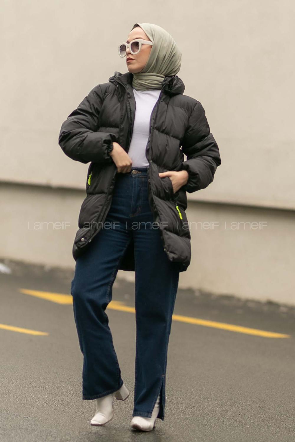 Modalamelif Kapşonlu Gizli Fermuarlı Şişme Mont Siyah