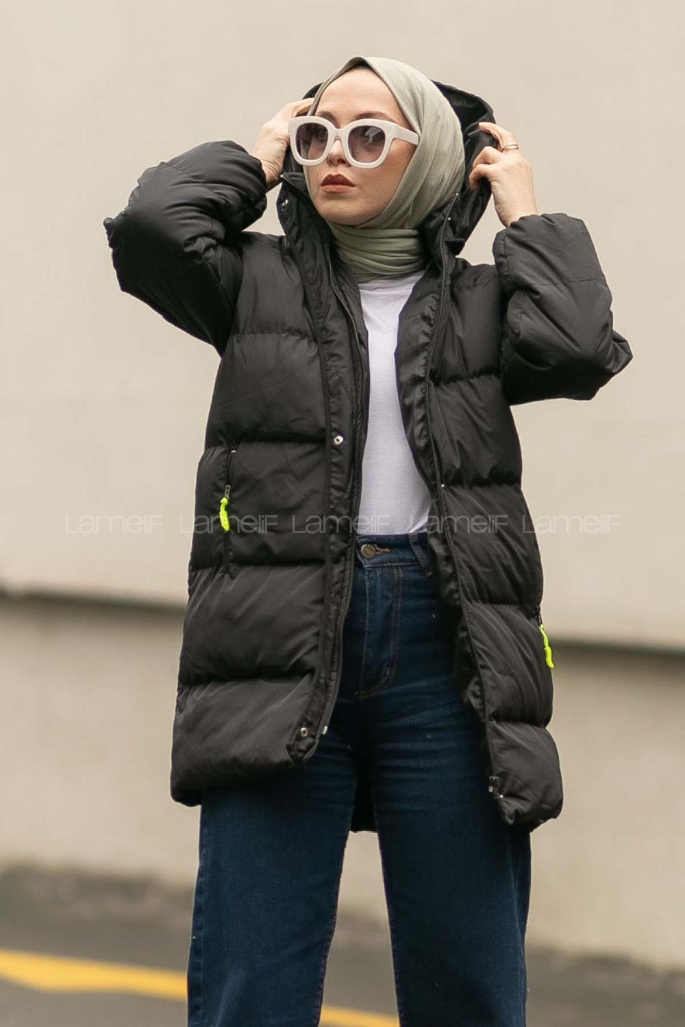 Modalamelif Kapşonlu Gizli Fermuarlı Şişme Mont Siyah