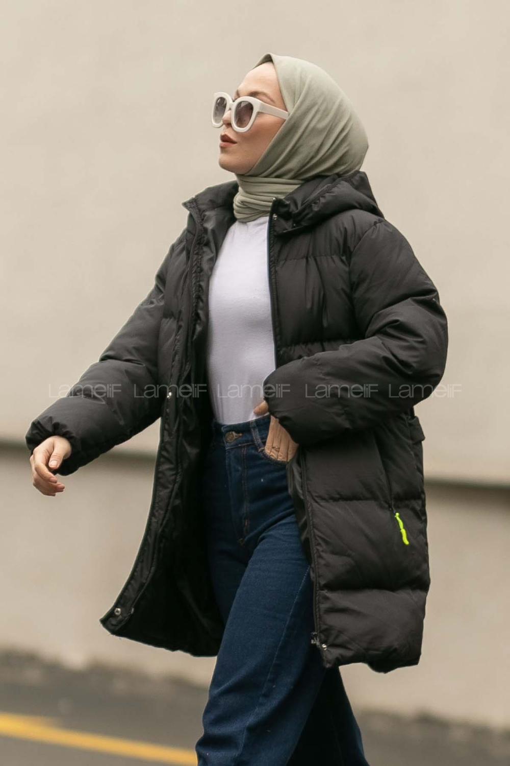 Modalamelif Kapşonlu Gizli Fermuarlı Şişme Mont Siyah