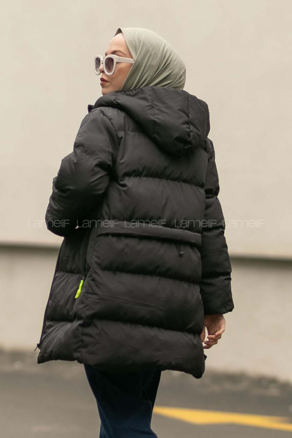 Modalamelif Kapşonlu Gizli Fermuarlı Şişme Mont Siyah