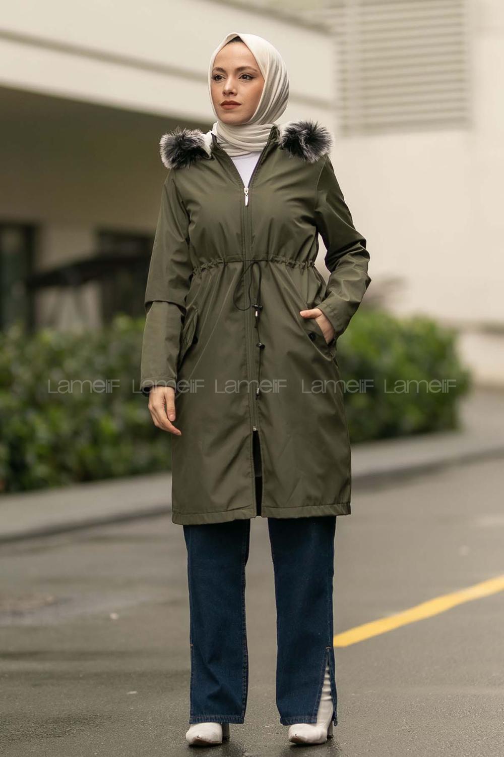 Modalamelif Kapşonlu Yaka Kürk Detaylı Mont Haki