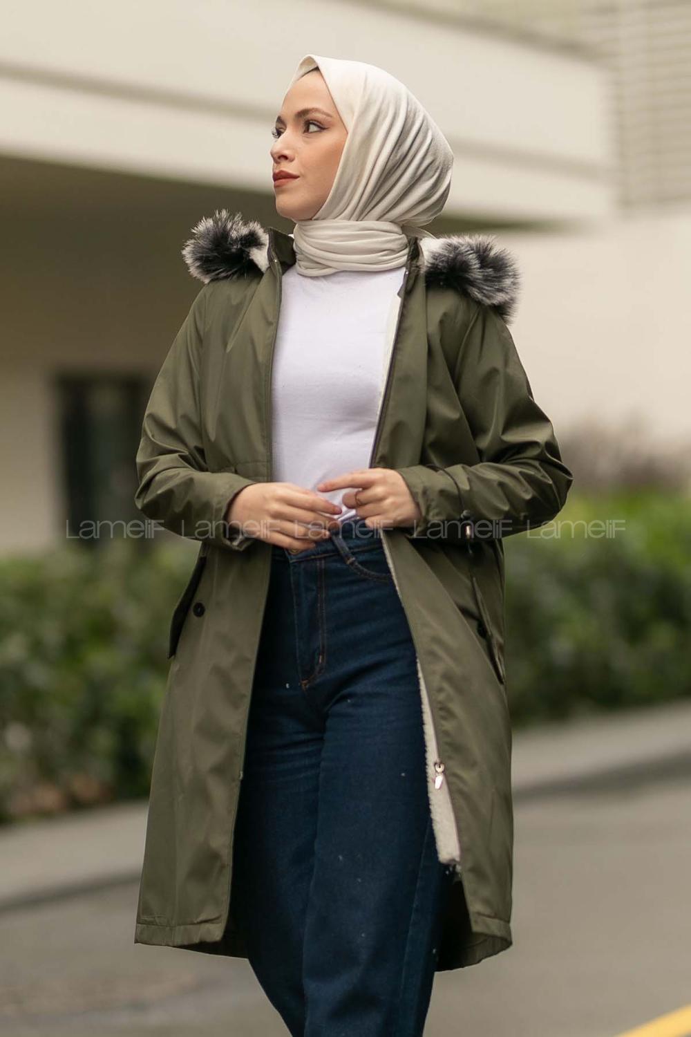 Modalamelif Kapşonlu Yaka Kürk Detaylı Mont Haki