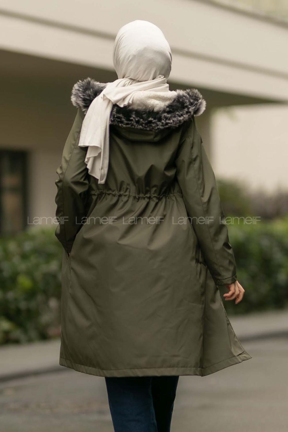 Modalamelif Kapşonlu Yaka Kürk Detaylı Mont Haki