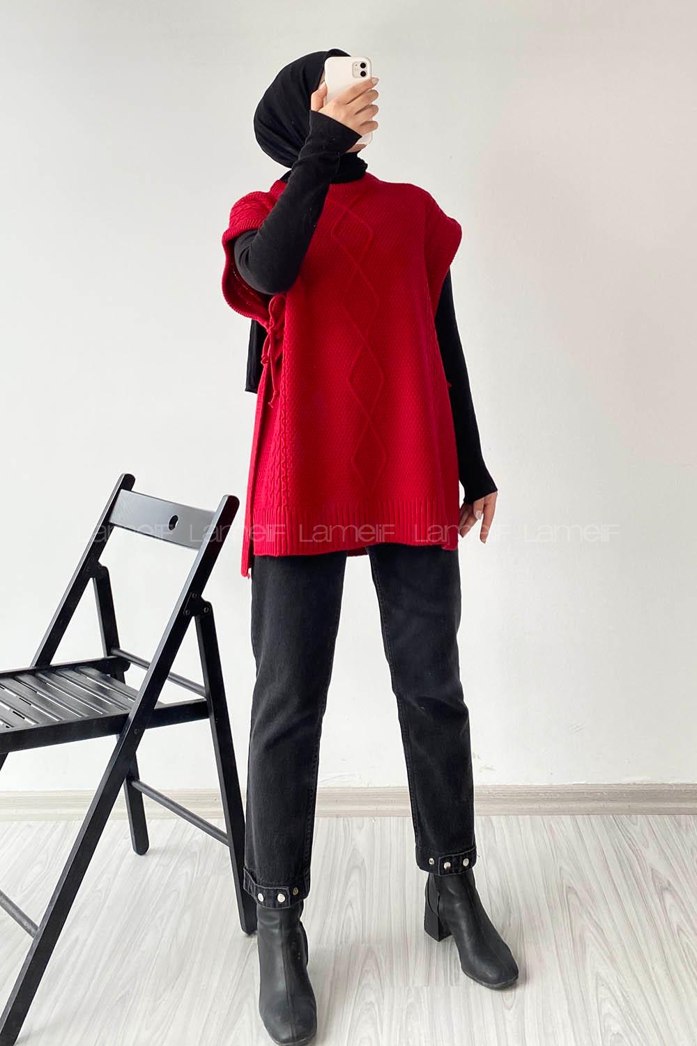 Modalamelif Kol Altı Bağcıklı Yırtmaçlı Süveter Kırmızı