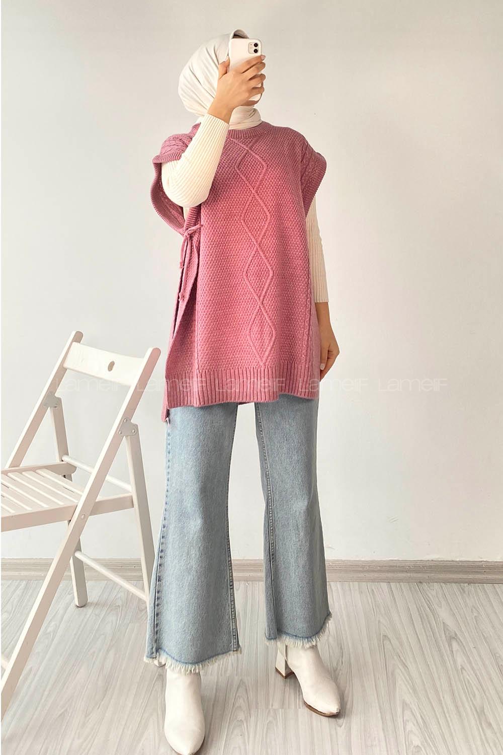 Modalamelif Kol Altı Bağcıklı Yırtmaçlı Süveter Yelek Gül