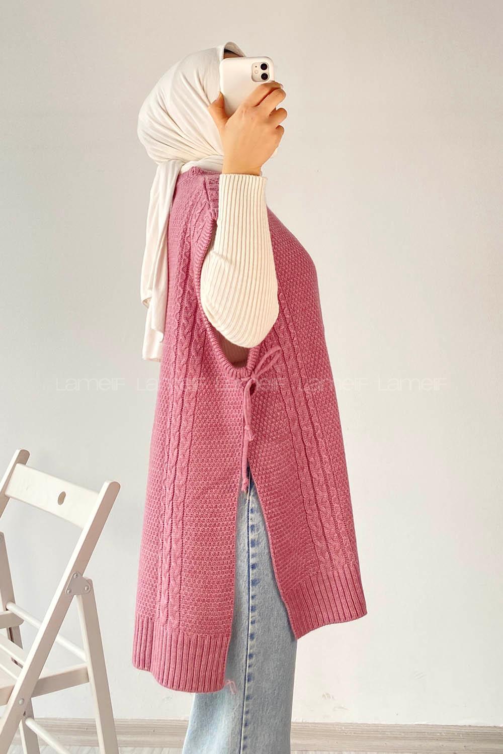 Modalamelif Kol Altı Bağcıklı Yırtmaçlı Süveter Yelek Gül