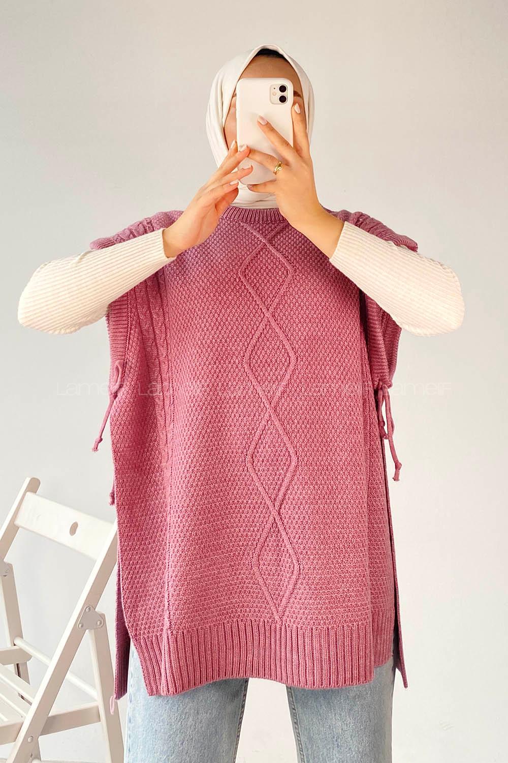 Modalamelif Kol Altı Bağcıklı Yırtmaçlı Süveter Yelek Gül