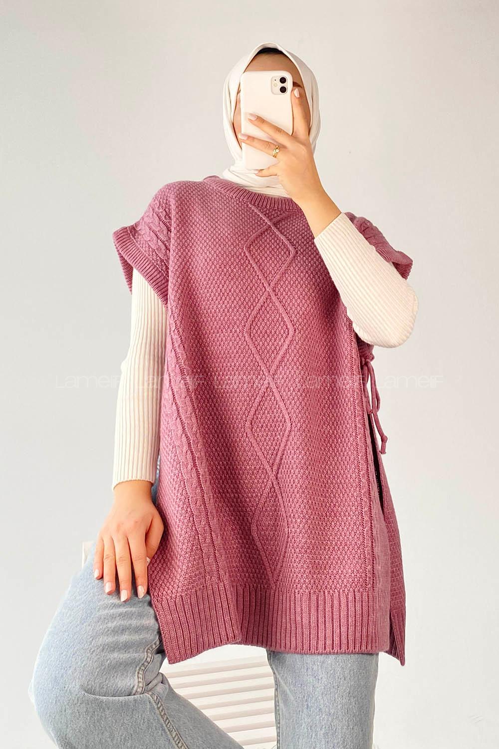 Modalamelif Kol Altı Bağcıklı Yırtmaçlı Süveter Yelek Gül