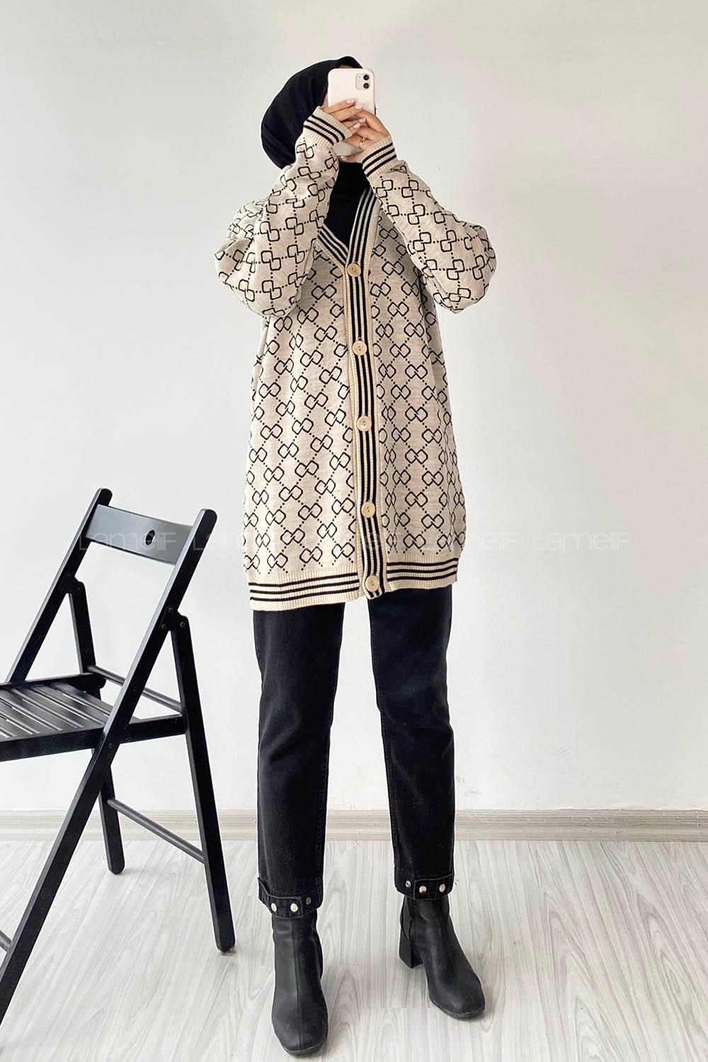 Modalamelif Önü Düğmeli  Ribanlı Hırka Bej