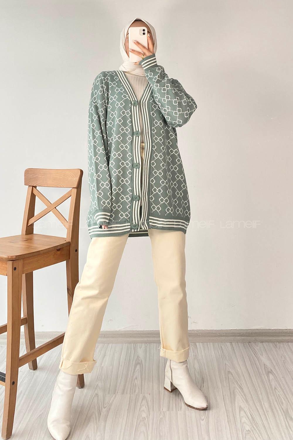 Modalamelif Önü Düğmeli  Ribanlı Hırka Çağla Yeşili