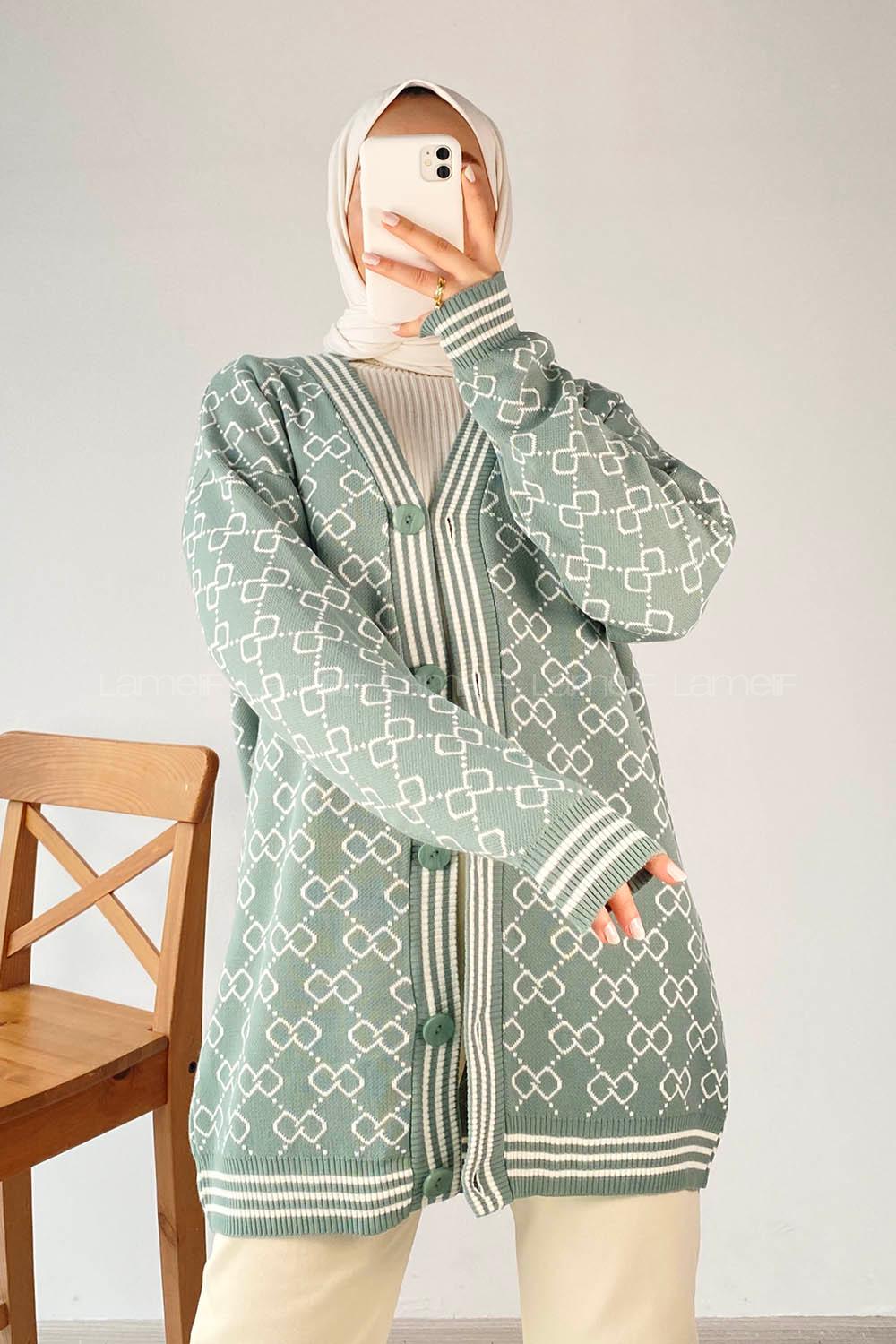 Modalamelif Önü Düğmeli  Ribanlı Hırka Çağla Yeşili