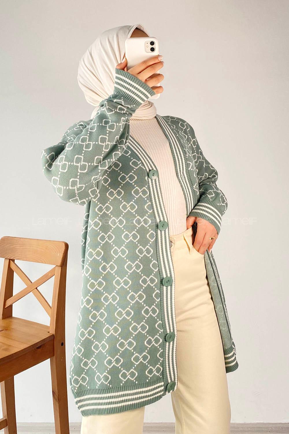 Modalamelif Önü Düğmeli  Ribanlı Hırka Çağla Yeşili