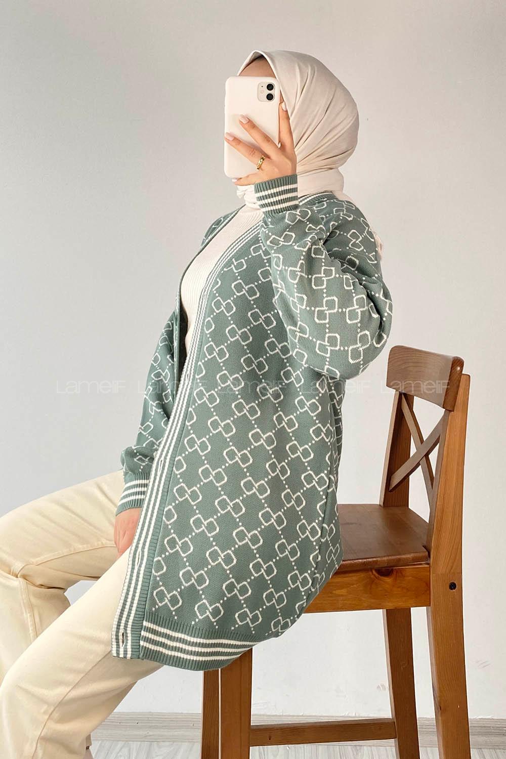 Modalamelif Önü Düğmeli  Ribanlı Hırka Çağla Yeşili