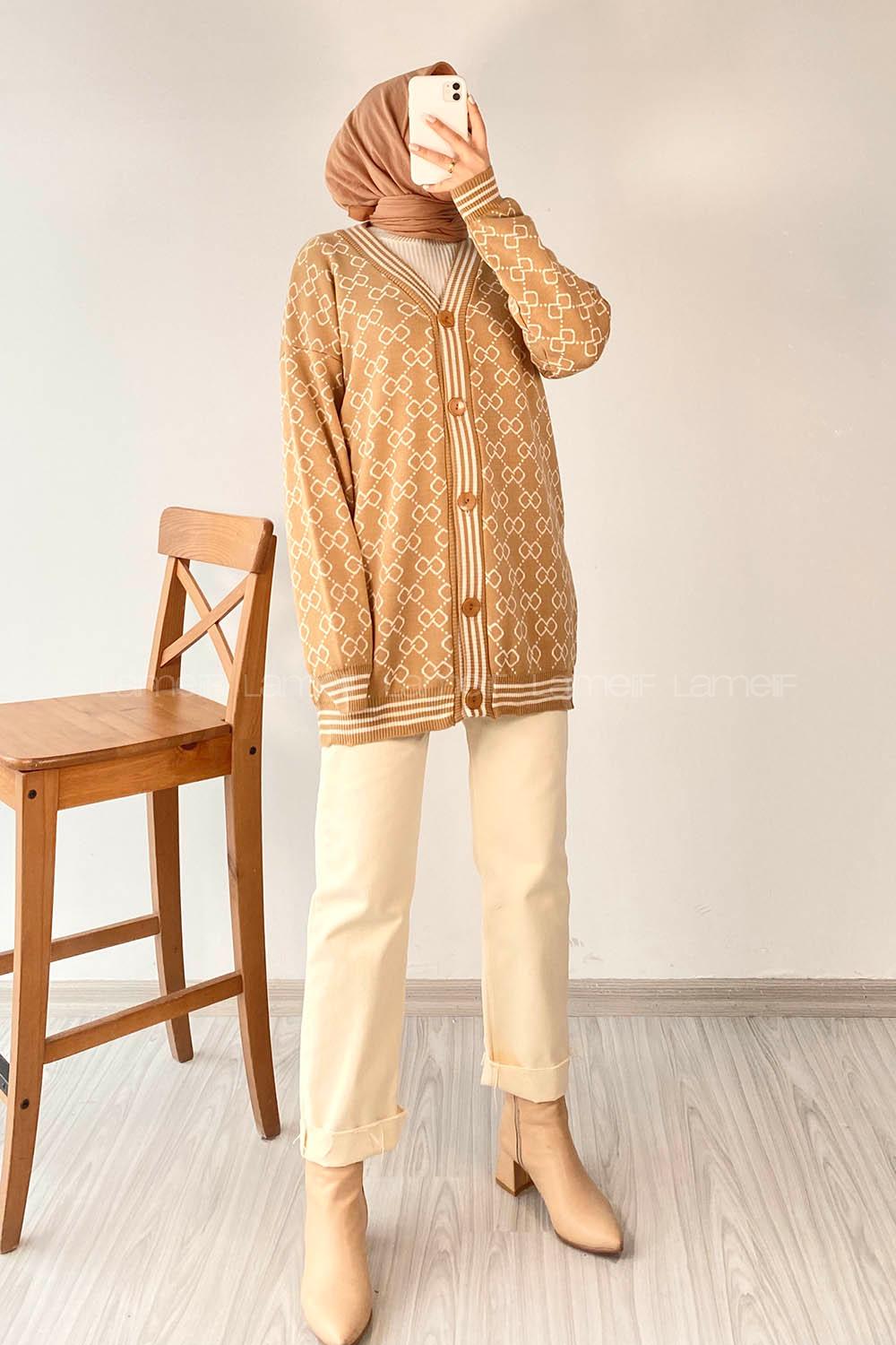 Modalamelif Önü Düğmeli  Ribanlı Hırka Sütlü Kahve