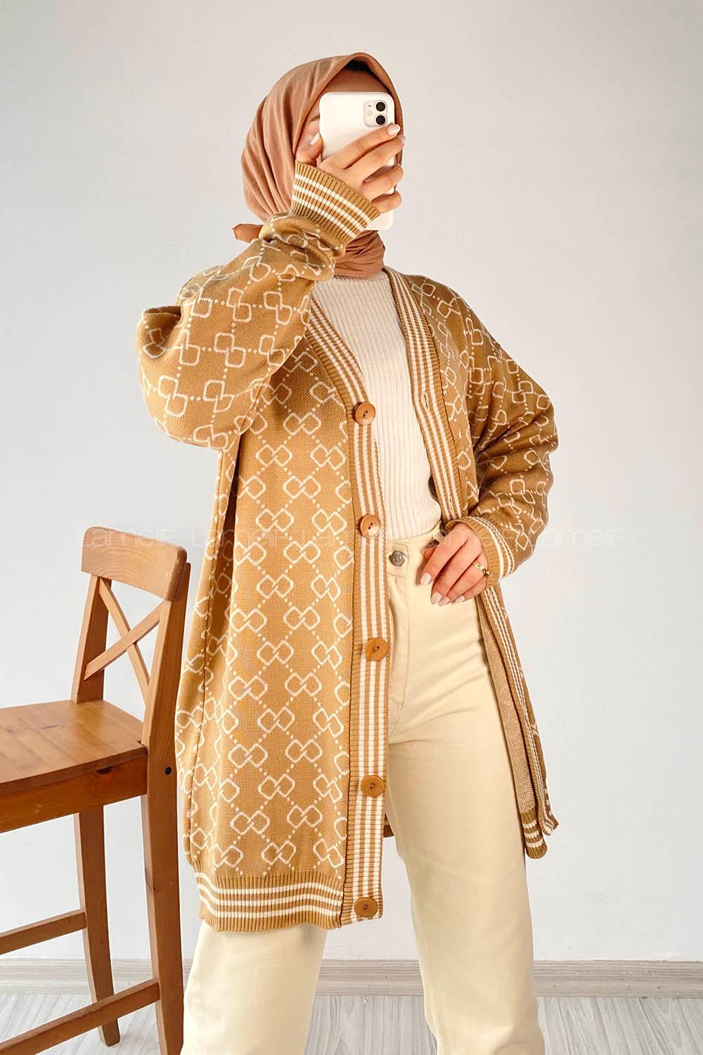 Modalamelif Önü Düğmeli  Ribanlı Hırka Sütlü Kahve