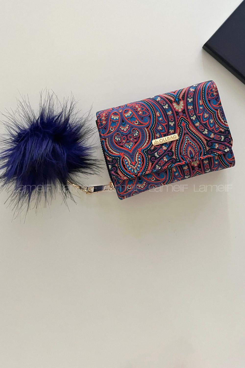 Modalamelif Şal Desen Ponponlu Cüzdan Mor