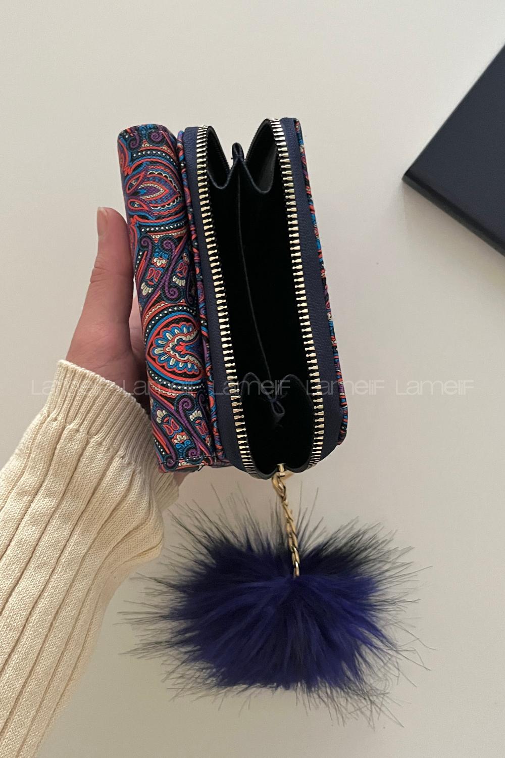 Modalamelif Şal Desen Ponponlu Cüzdan Mor