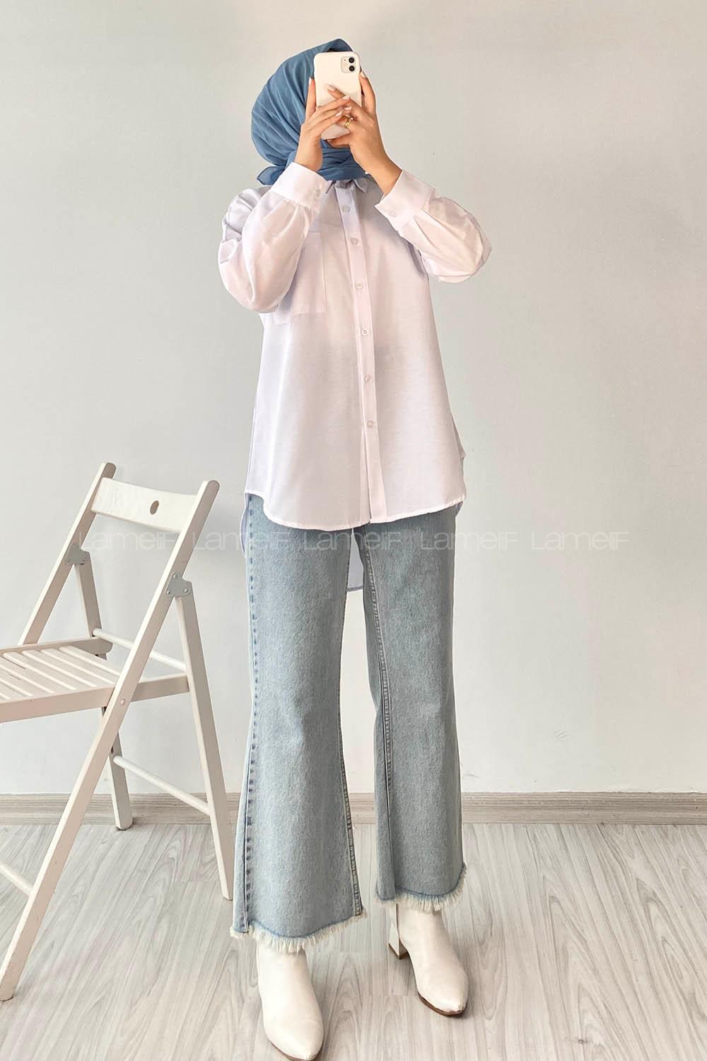 Modalamelif Tek Cep Detaylı Boyfriend Gömlek Beyaz