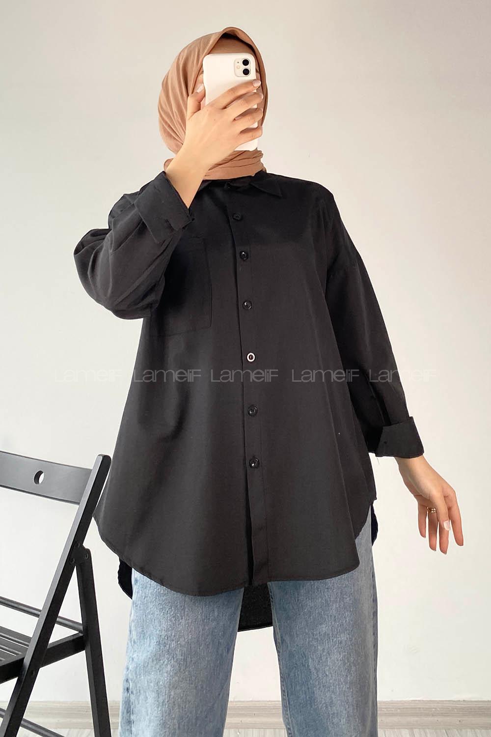 Modalamelif Tek Cep Detaylı Boyfriend Gömlek Siyah