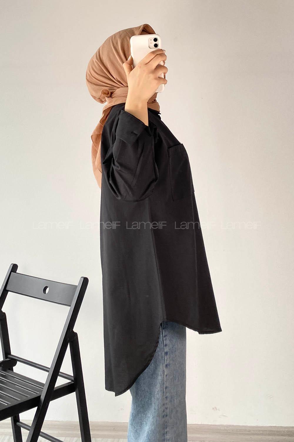 Modalamelif Tek Cep Detaylı Boyfriend Gömlek Siyah