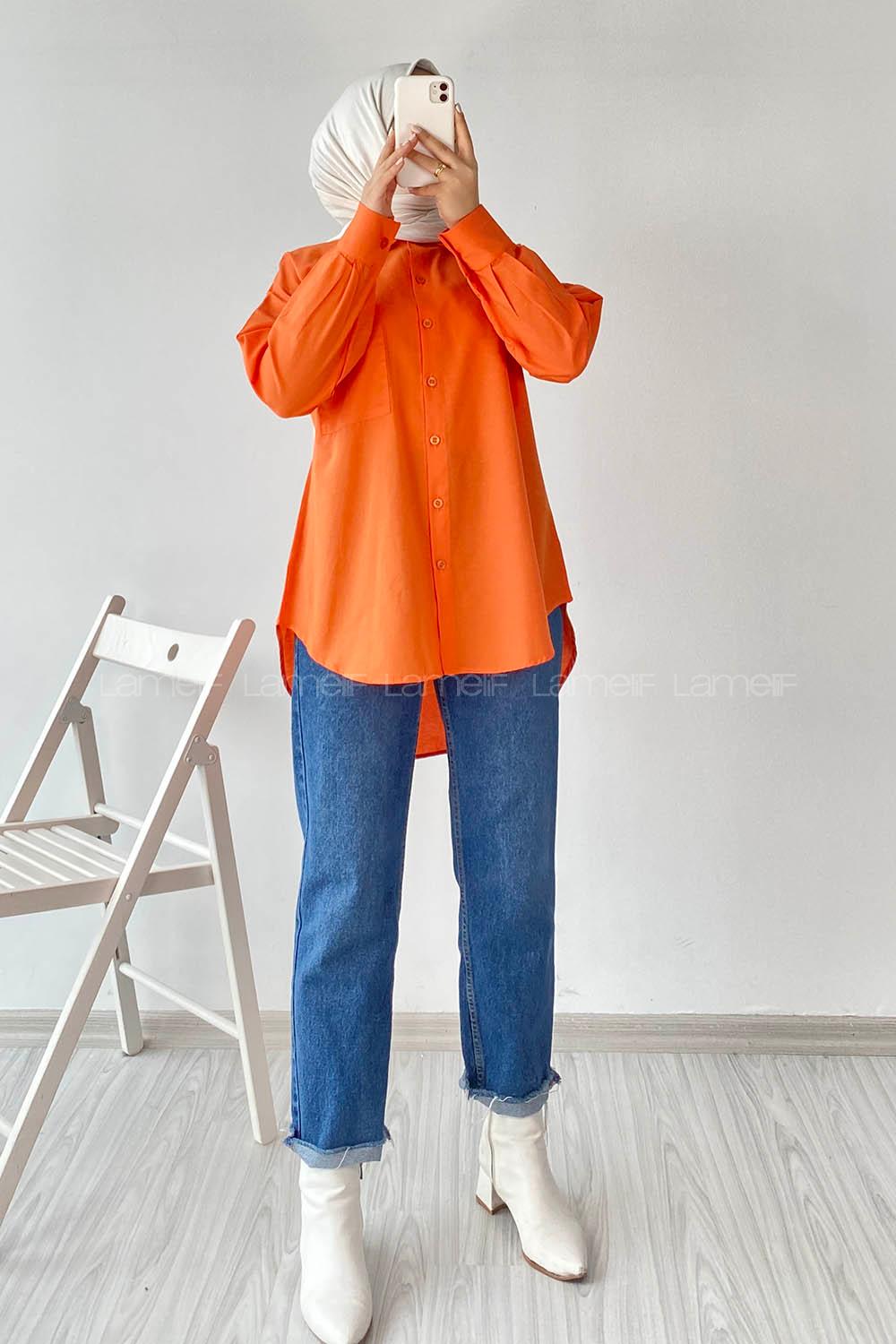 Modalamelif Tek Cep Detaylı Boyfriend Gömlek Turuncu