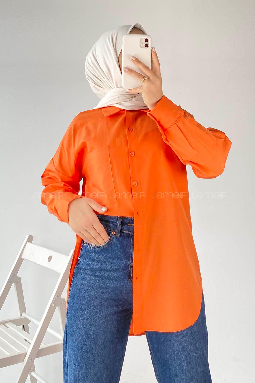 Modalamelif Tek Cep Detaylı Boyfriend Gömlek Turuncu