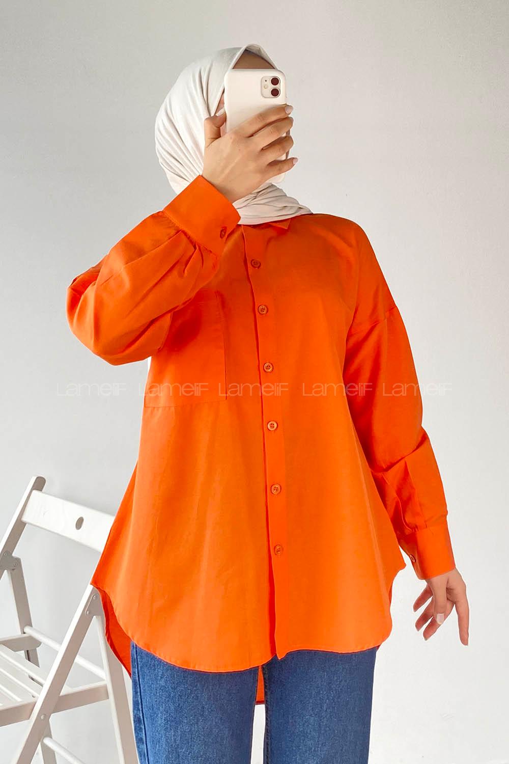 Modalamelif Tek Cep Detaylı Boyfriend Gömlek Turuncu