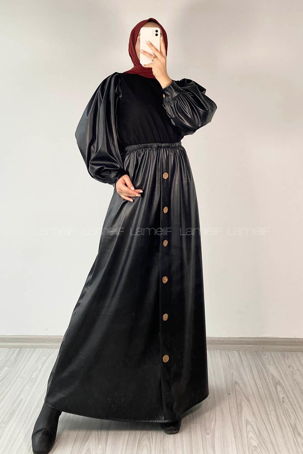 Modalamelif Yarım Düğmeli Deri Garnili Elbise Siyah