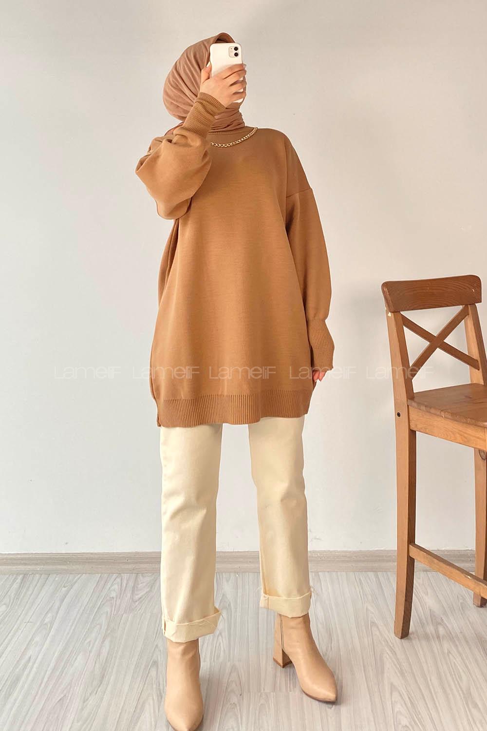 Modalamelif Zincir Kolyeli Triko Tunik Camel