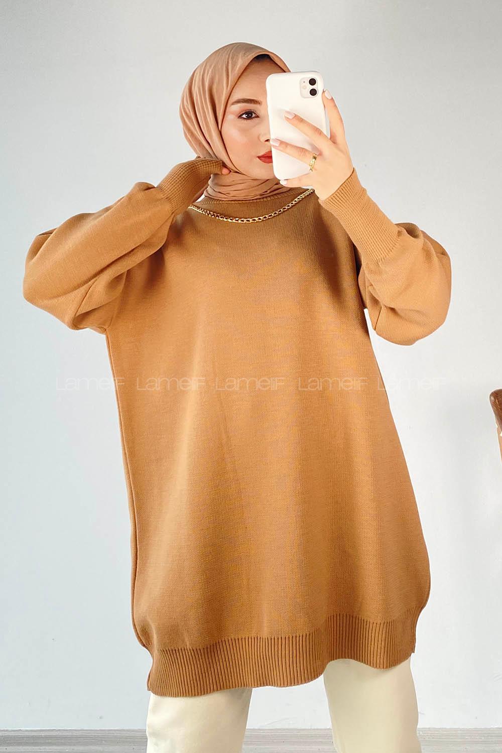 Modalamelif Zincir Kolyeli Triko Tunik Camel