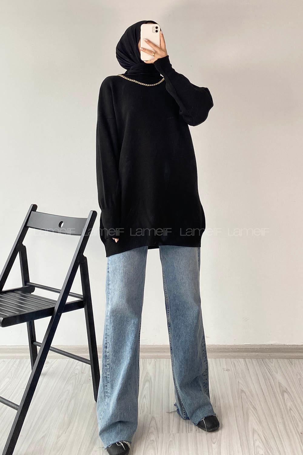 Modalamelif Zincir Kolyeli Triko Tunik Siyah