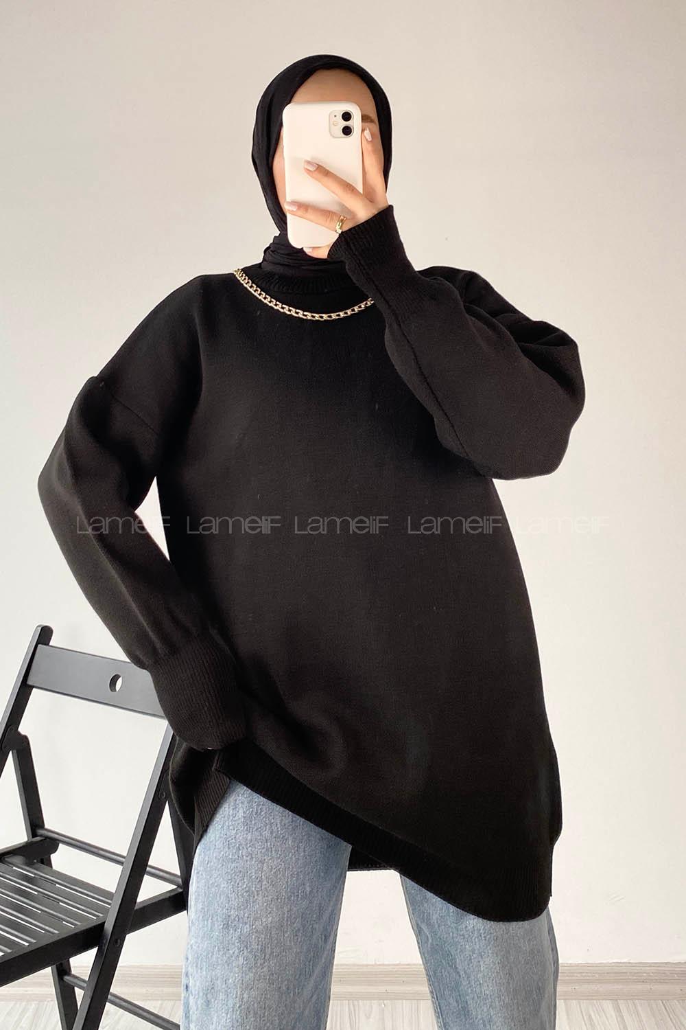 Modalamelif Zincir Kolyeli Triko Tunik Siyah