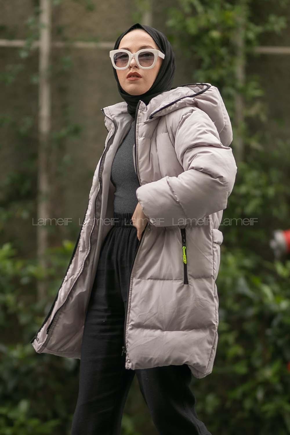 Modalamelif Kapşonlu Gizli Fermuarlı Şişme Mont Gri